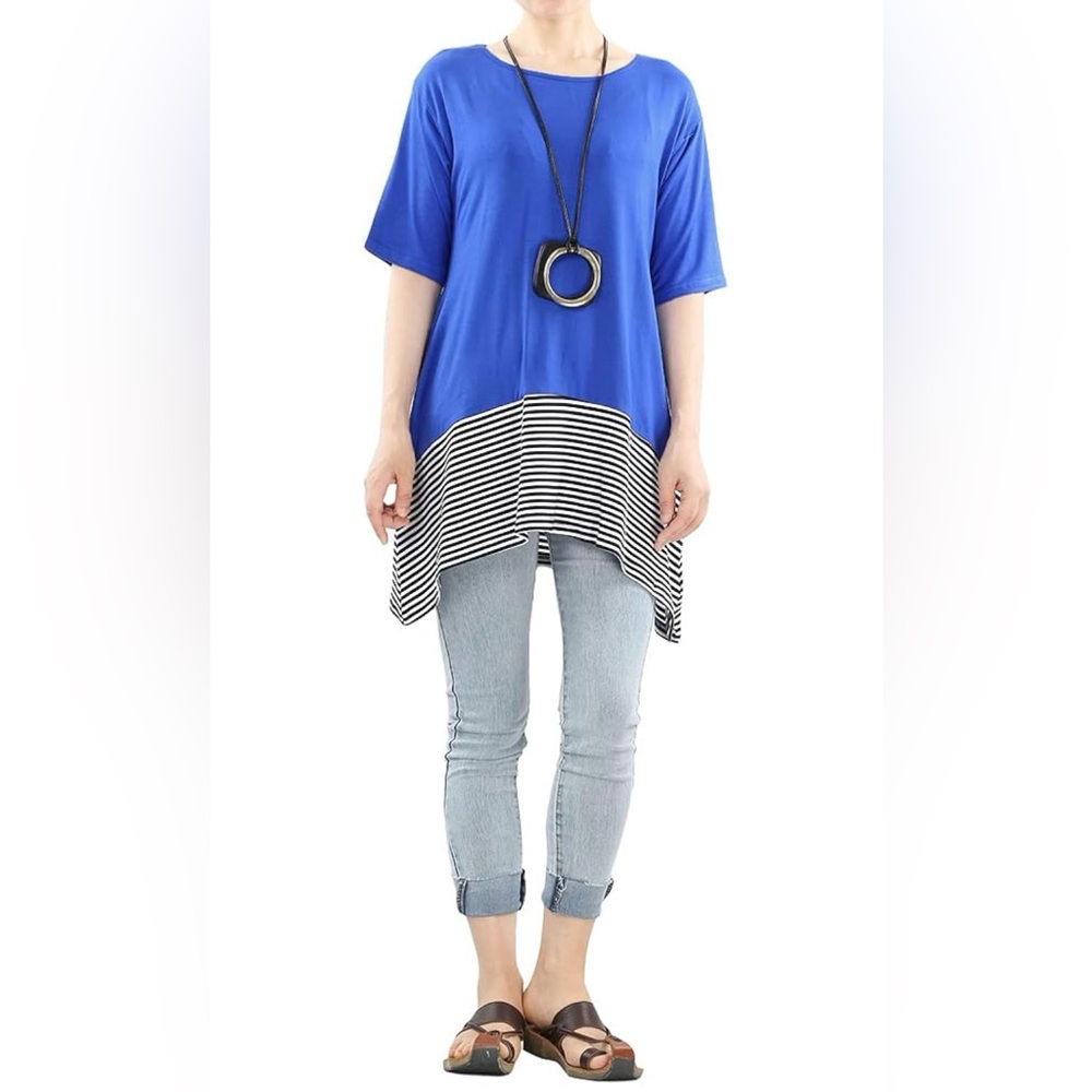 Blue Short Sleeve Knit Striped Hem Tunic Size XXL